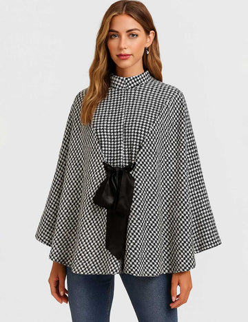 Ladies Houndstooth Wool Blend Belted Tie Front Cape Coat