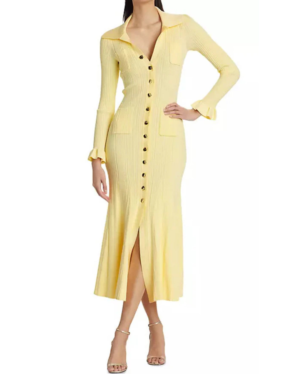 Ladies Solid Color Button Down Long Sleeves Knit Maxi Dress