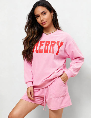 Ladies Merry Christmas Corduroy Top Shorts 2PCS Set SKST4798
