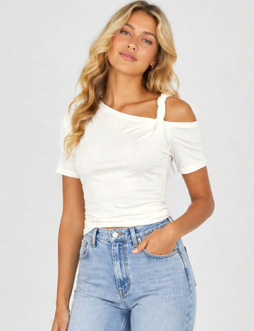 Ladies Solid Color One Shoulder Twist Strap Short Sleeves Top