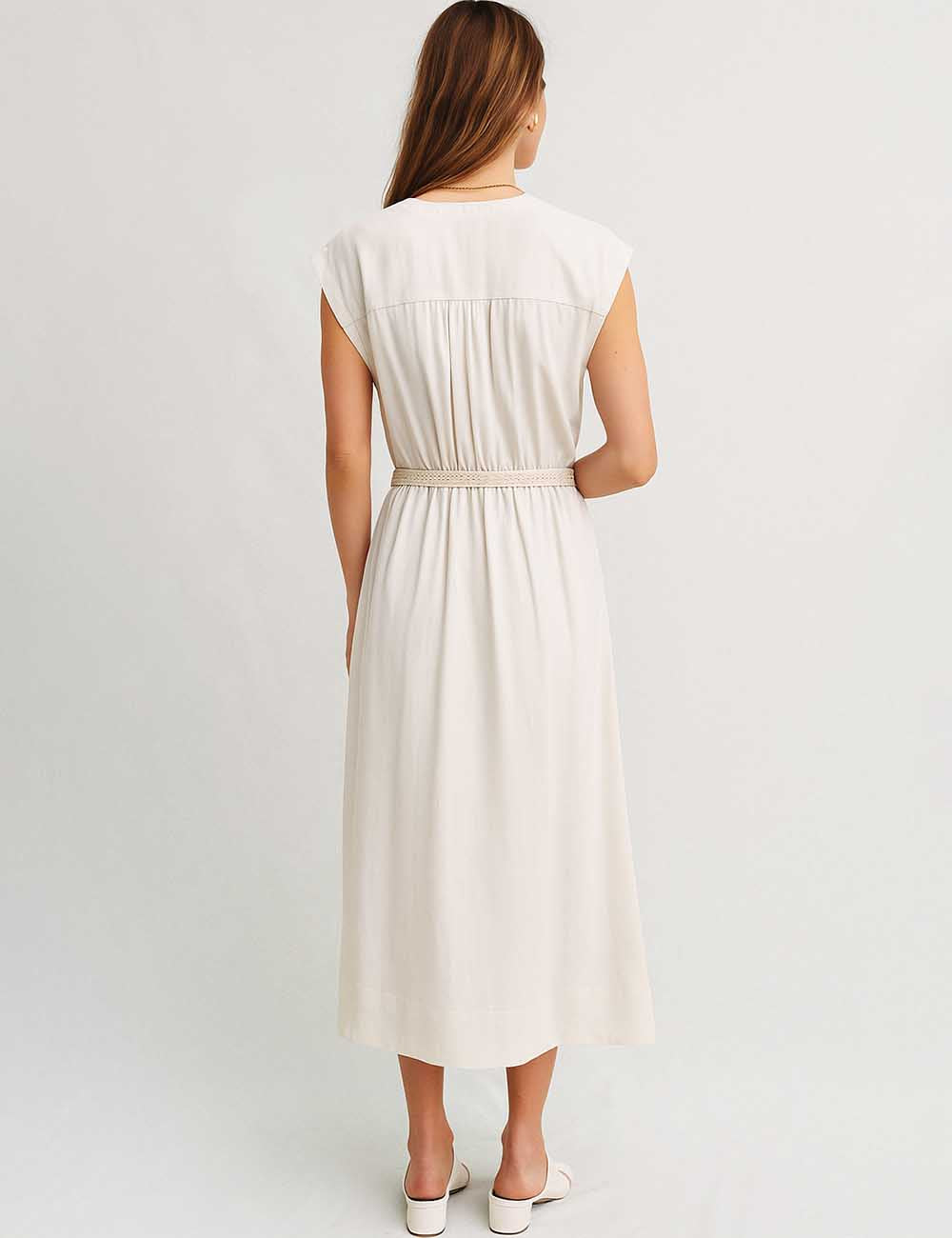 Ladies Solid Color Button Belt Short Sleeves Maxi Dress