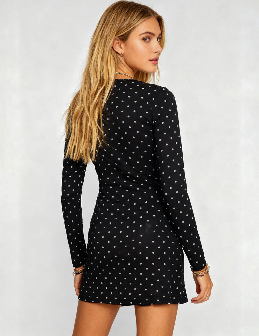 Ladies Polka Dot V-Neck Tie Front Long Sleeves Mini Dress