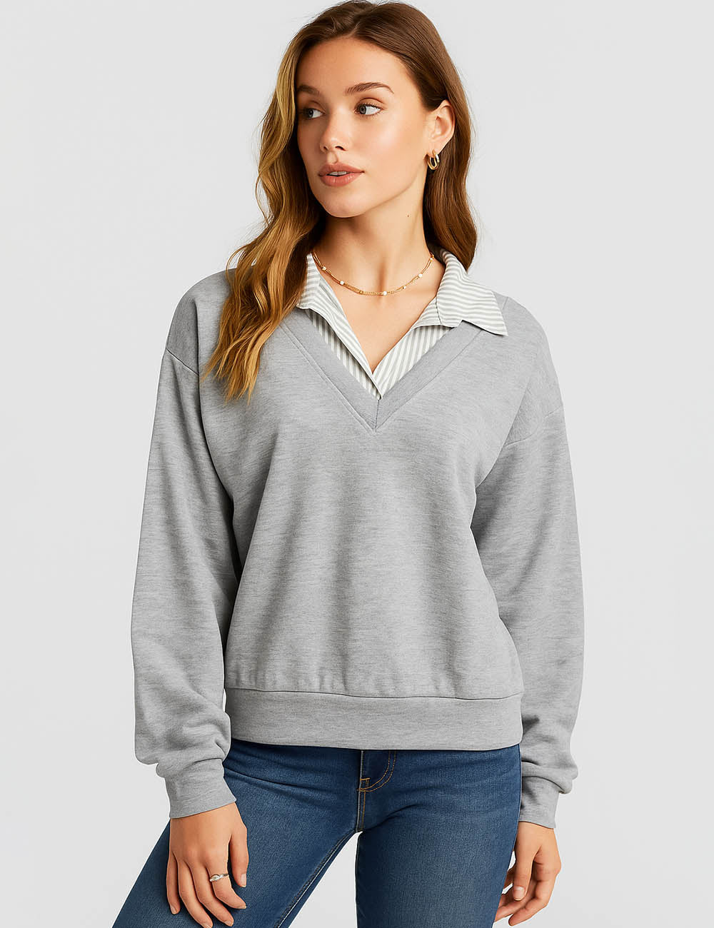 Ladies Striped Shirt Collar Long Sleeves Faux 2PCS Sweatshirt