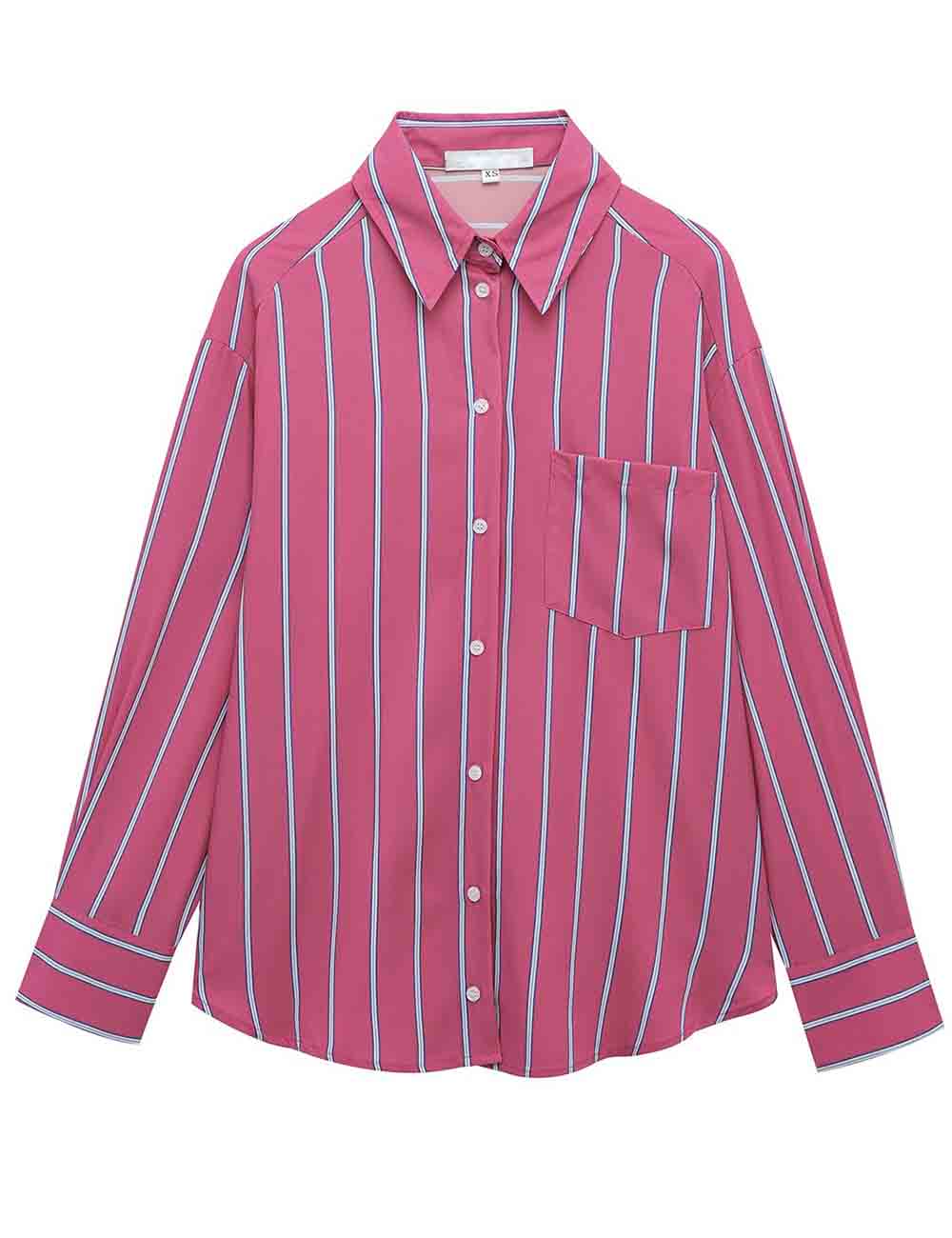 Ladies Color Block Striped Long Sleeves Button Down Shirt