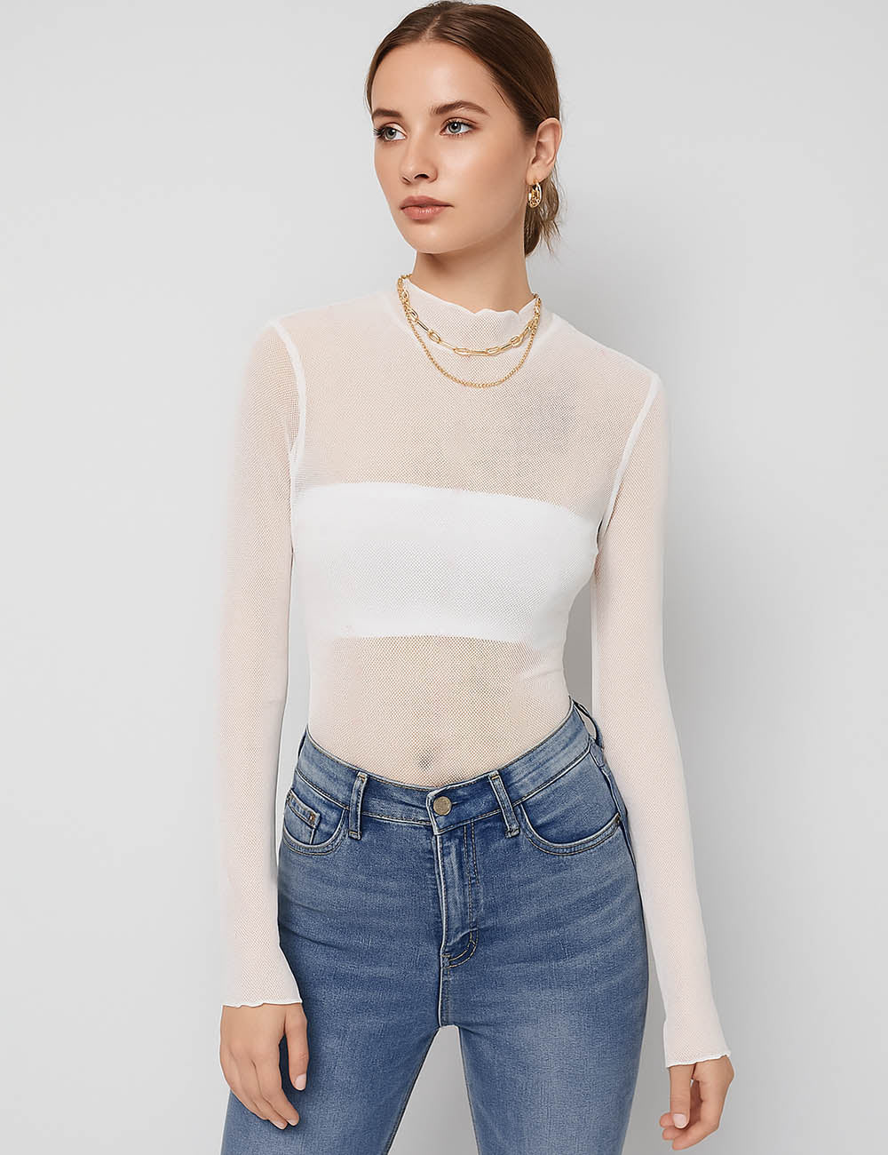 Ladies Mesh Sheer Round Neck Long Sleeves Bodysuit