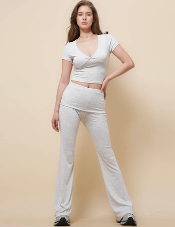 Ladies V-Neck Short Sleeves Knit Top & Pants Set SKST51091