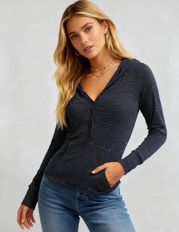 Ladies Striped Button Front Long Sleeves Hooded Top