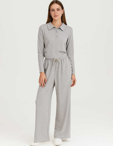 Ladies Polo Collar Ruched Cropped Top & Pants 2PCS Set
