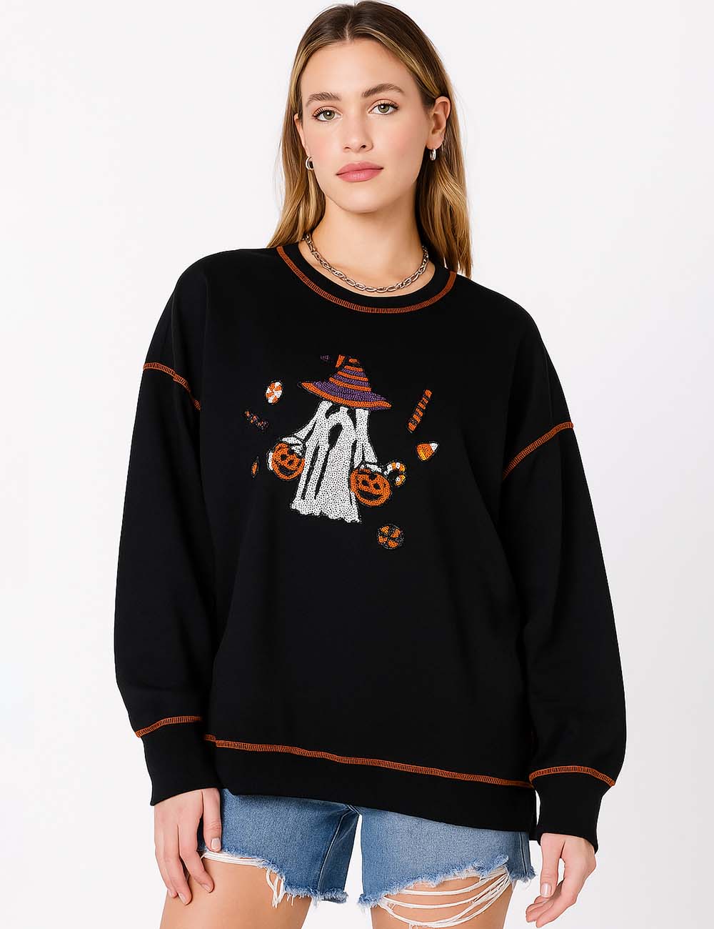 Ladies Halloween Sequin Ghost Round Neck Sweatshirt