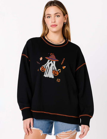 Ladies Halloween Sequin Ghost Round Neck Sweatshirt
