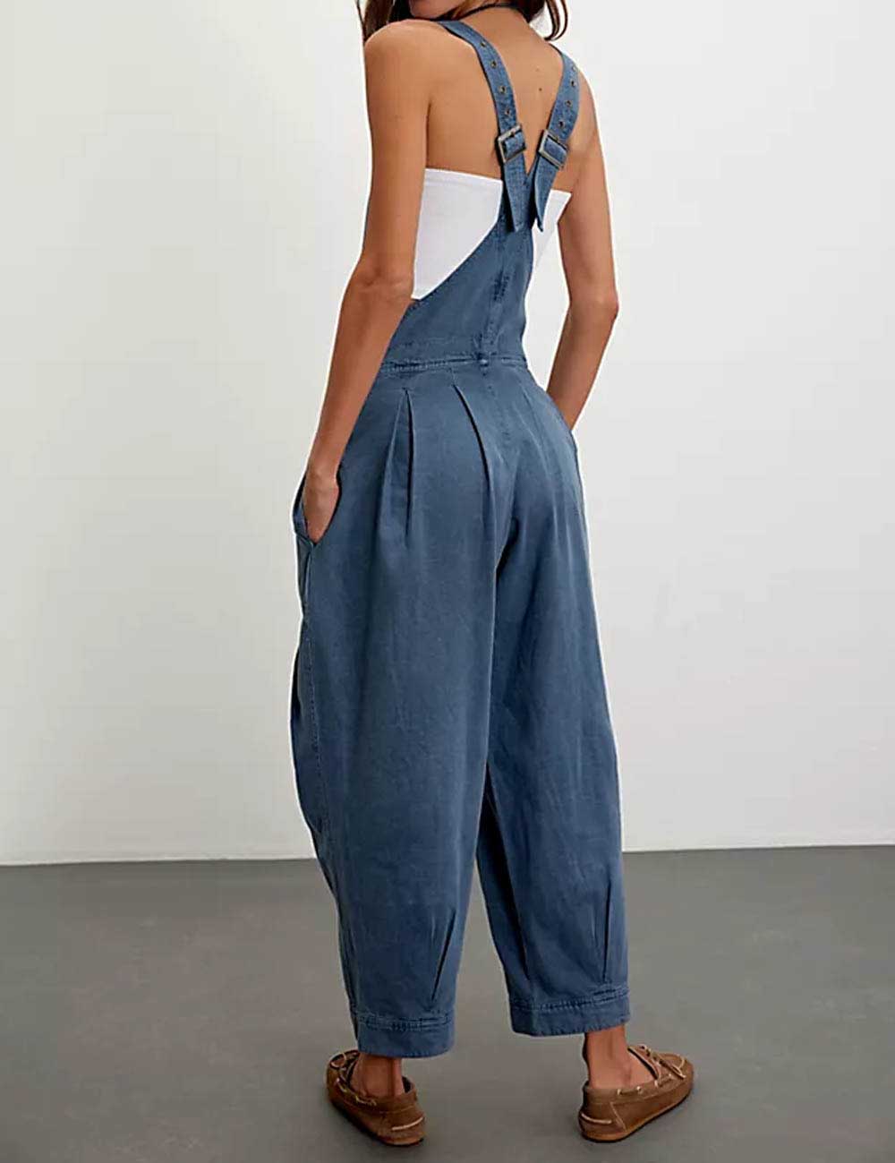 Ladies Solid Color Strap Shoulder Tapered Jumpsuit SKJ5KC45