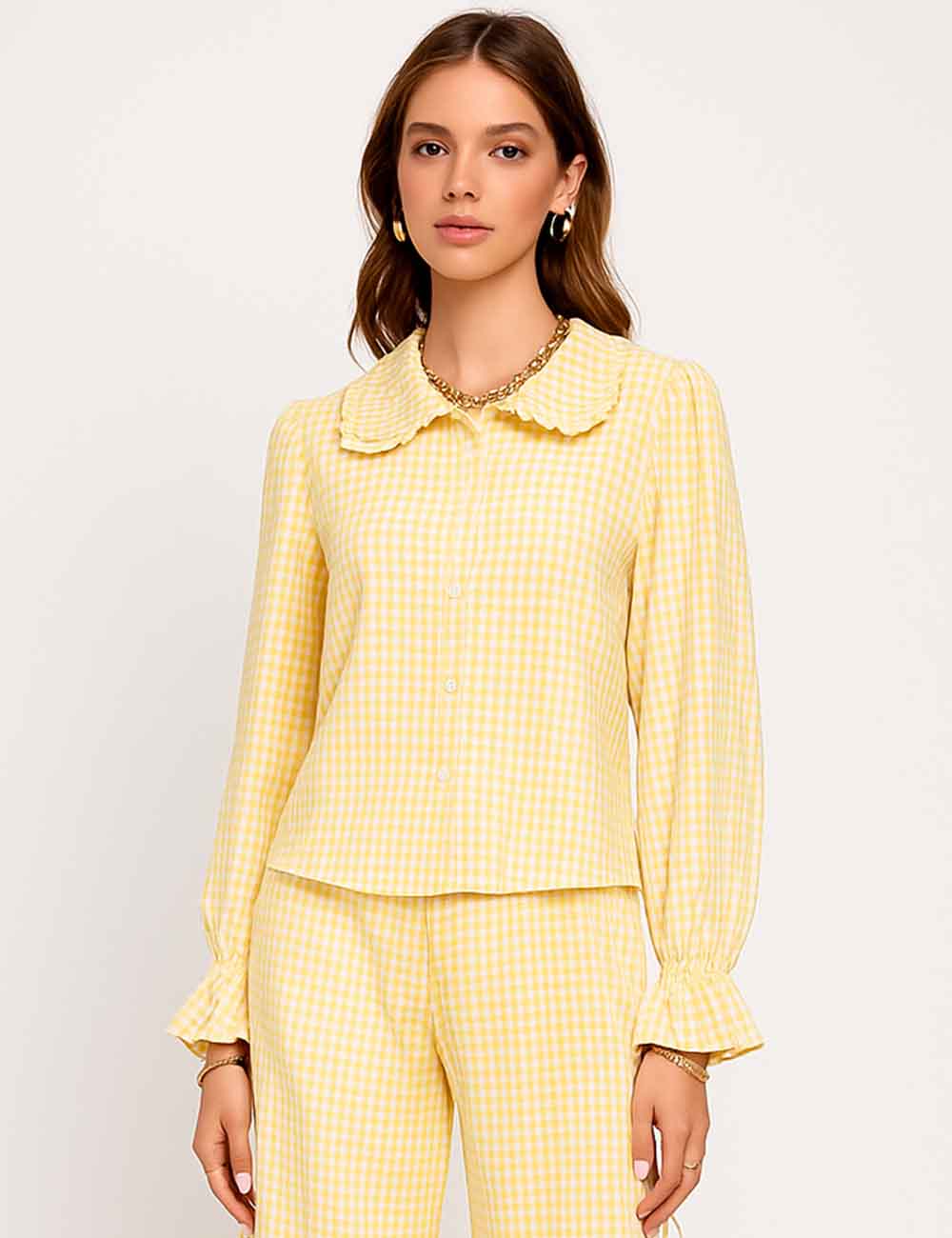 Ladies Checked Color Block Babydoll Collar Ruffle Shirt
