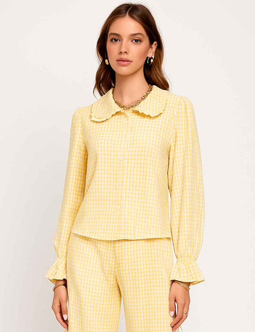 Ladies Checked Color Block Babydoll Collar Ruffle Shirt