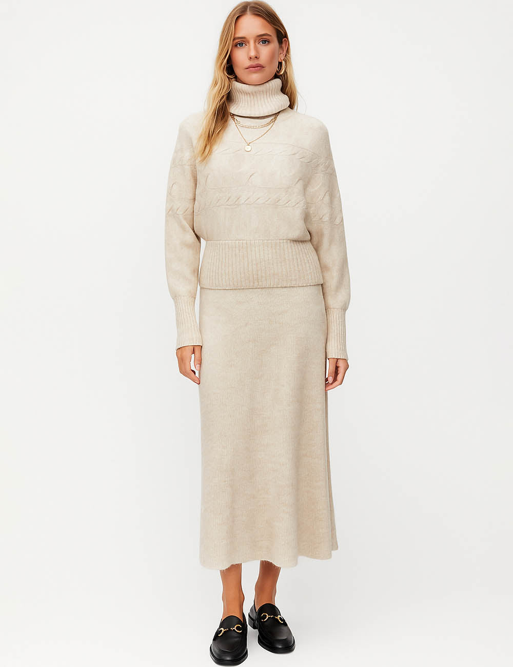 Ladies Turtle Neck Ribbed Knit Sweater Top & Midi Skirt Set