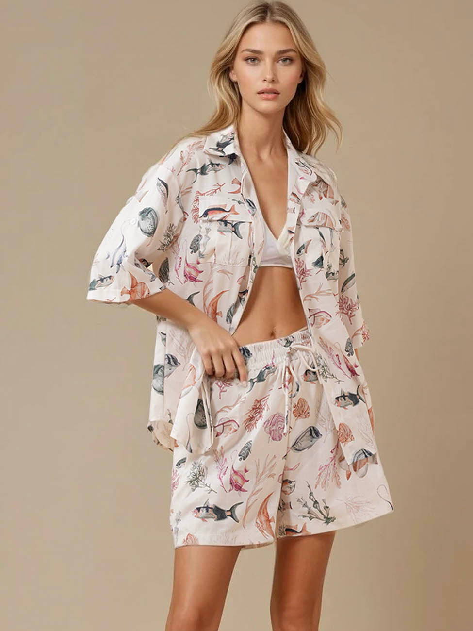 Ladies Turn Down Collar Short Sleeves Top & Shorts Set