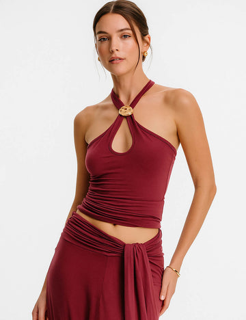 Ladies Solid Color Halter Collar Cut-Out Gold Ring Vest Top