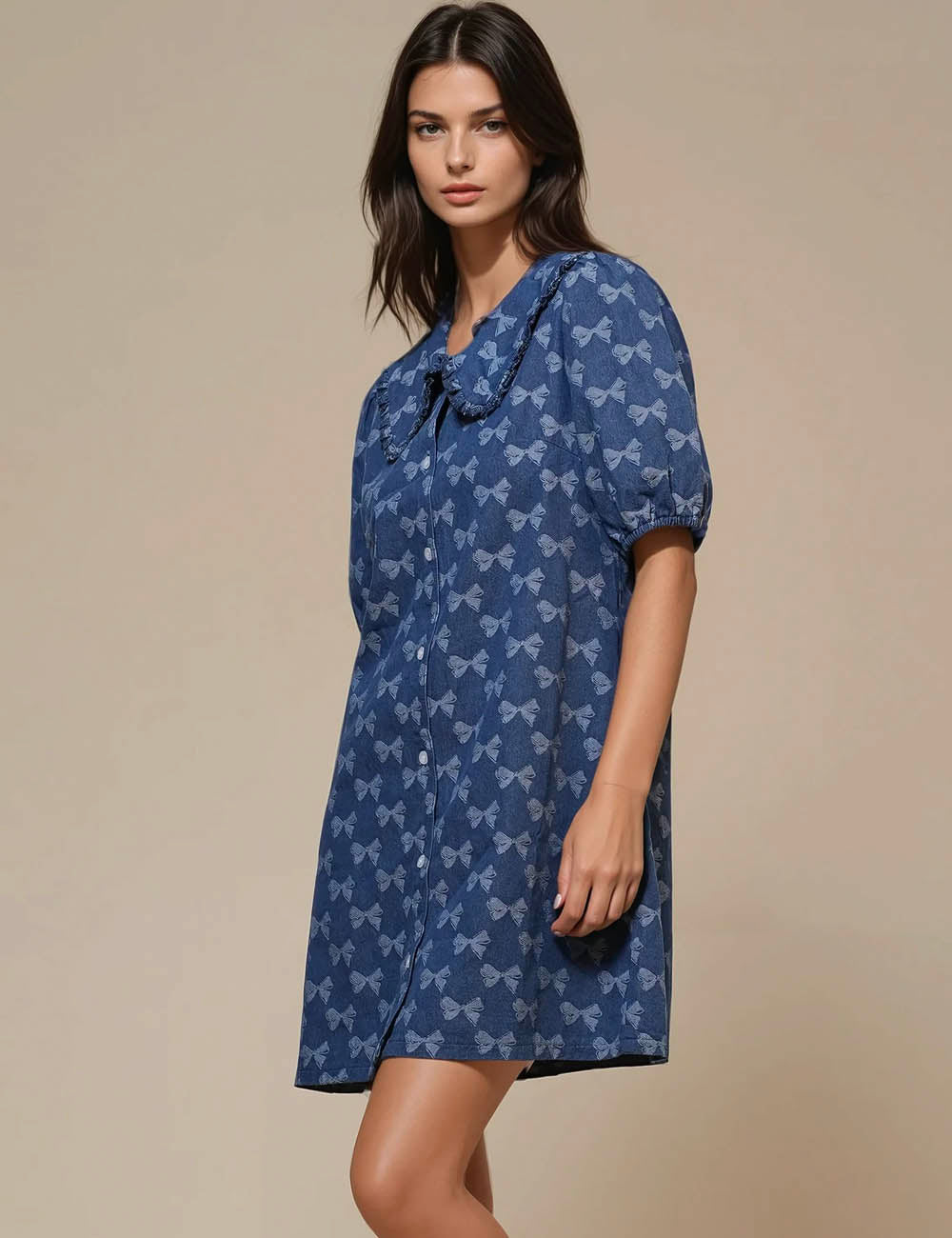 Ladies Peter Pan Collar Bow Print Denim Mini Dress SKD50020