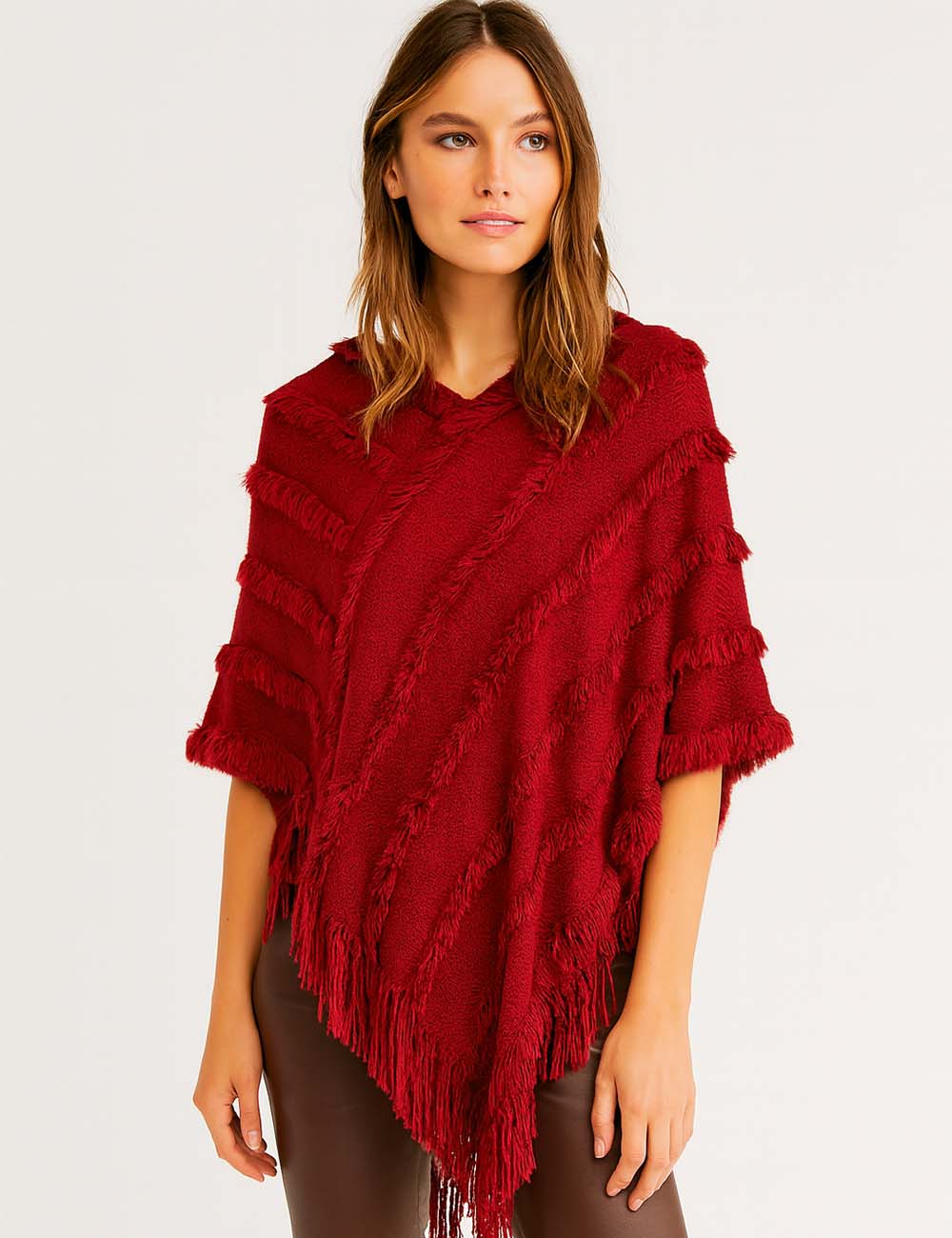 Ladies Tassel Trim Scarf V-Neck Solid Color Knit Shawl