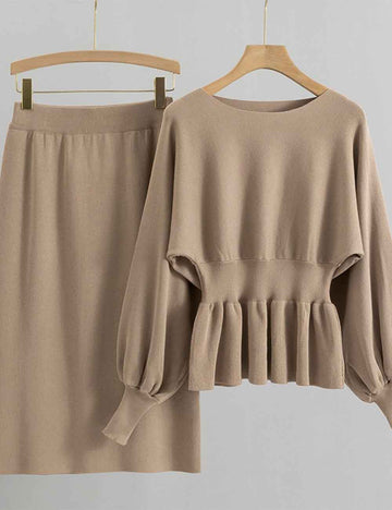 Ladies Pullover Puffly Long Sleeves Knit Top & Skirt Set
