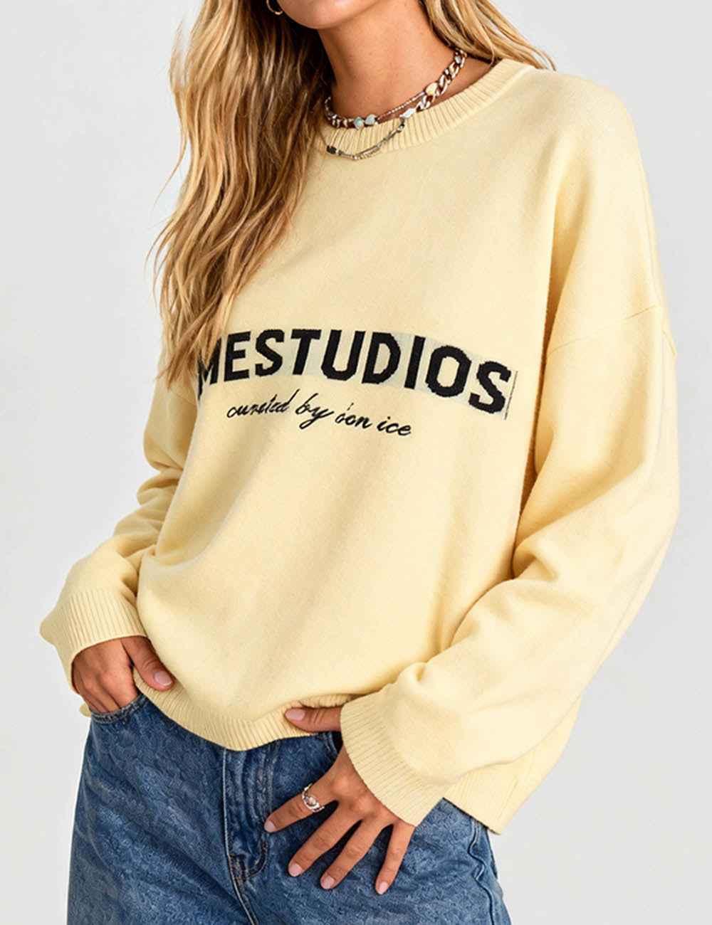 Ladies Color Block Letter Embroidery Rib Trim Knit Sweater