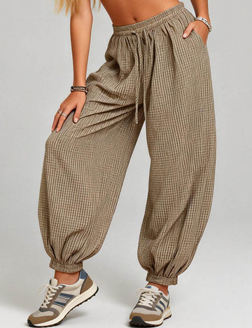 Ladies Checked Elastic Waist Drawstring Lantern Pants
