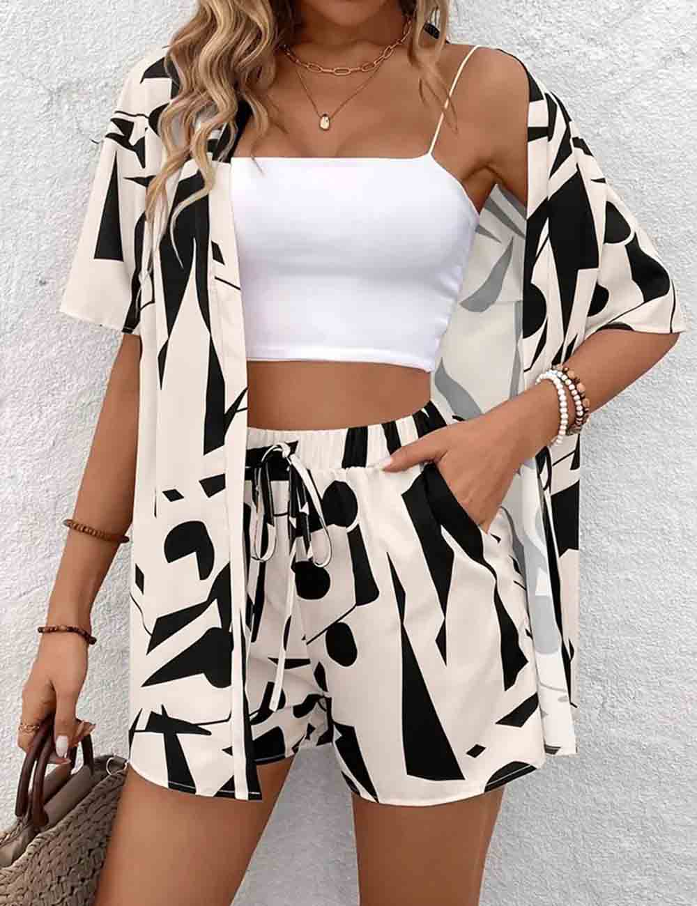 Ladies Color Block Short Sleeves Kimono Top & Shorts Set