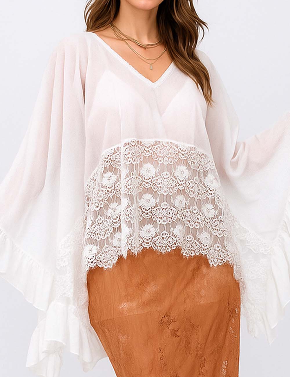 Ladies V-Neck See Through Floral Embroidery Mesh Blouse