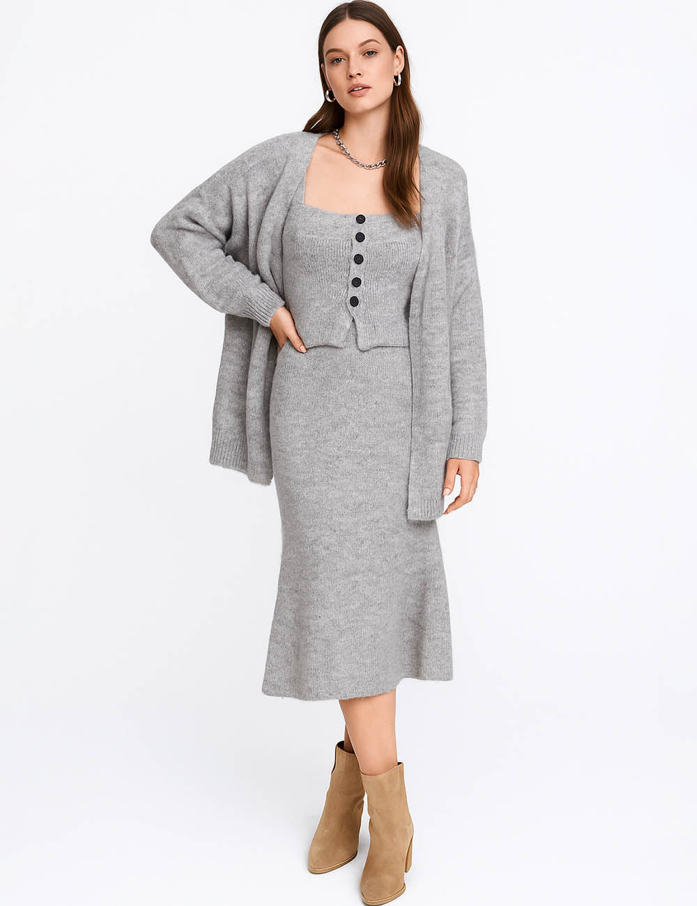 Ladies Knit Tube Top & Cardigan & Midi Skirt 3PCS Set