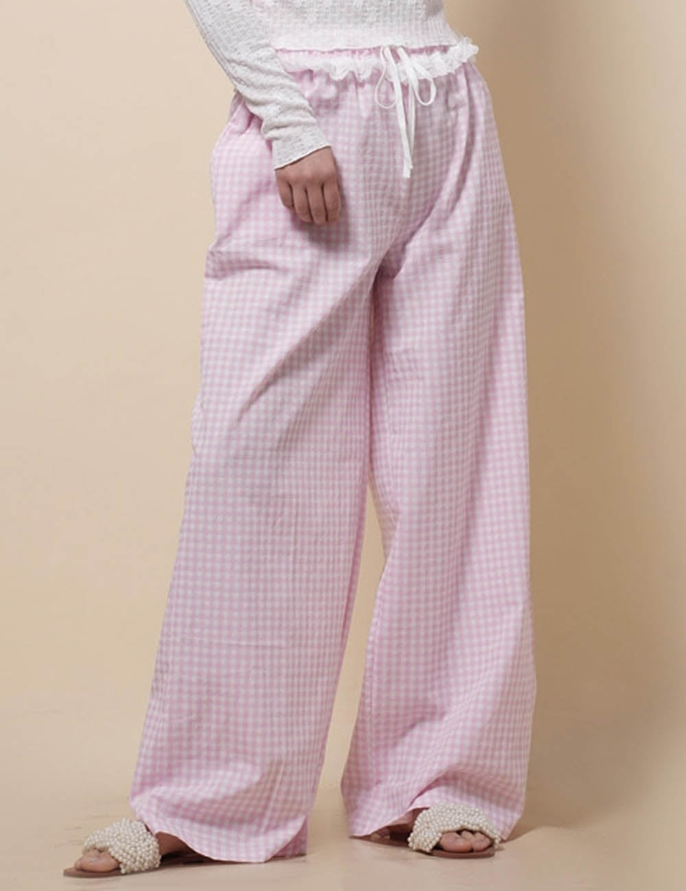Ladies Elastic Waist with Lace Color Block Checked Pants SKP51100