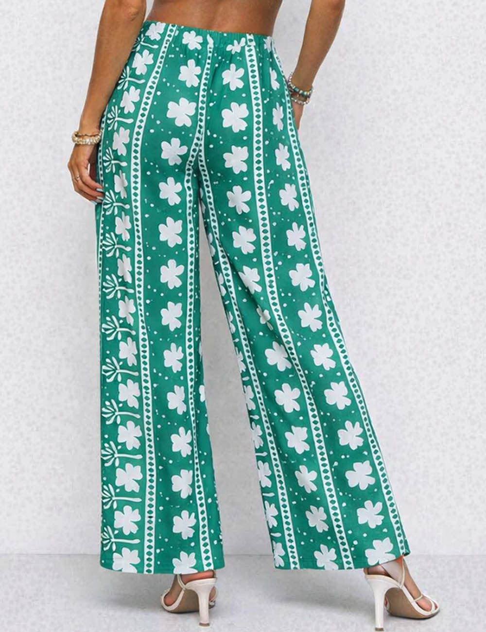 Ladies St Patrick’s Day Clover Print Elastic Waist Wide Leg Pants