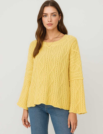 Ladies Geometric Pattern Rolled Edge Hem Pullover Knit Sweater