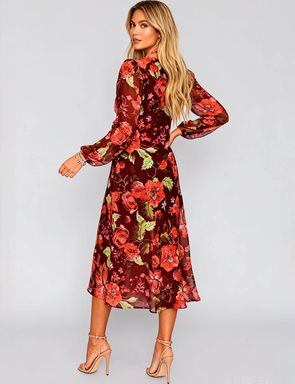 Ladies Vintage Floral Chiffion V-Neck Tie Front Midi Dress