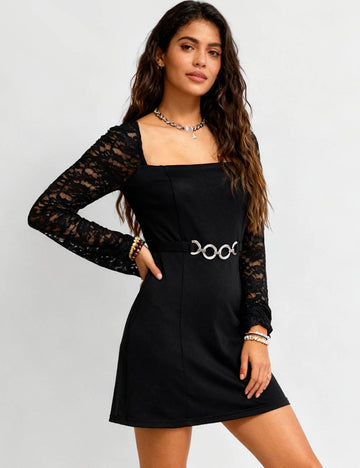 Ladies Square Neck Lace Sleeves Metal Waist Mini Dress