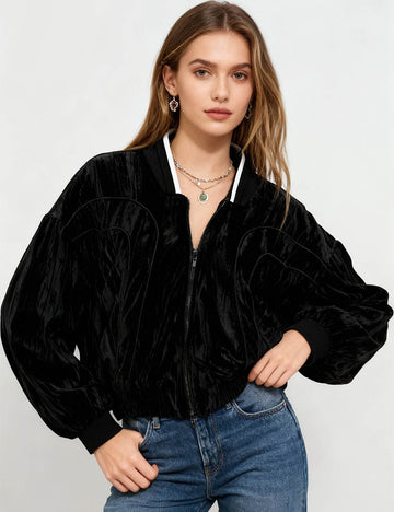 Ladies Black Stand Collar Velvet Jacket SKT0787