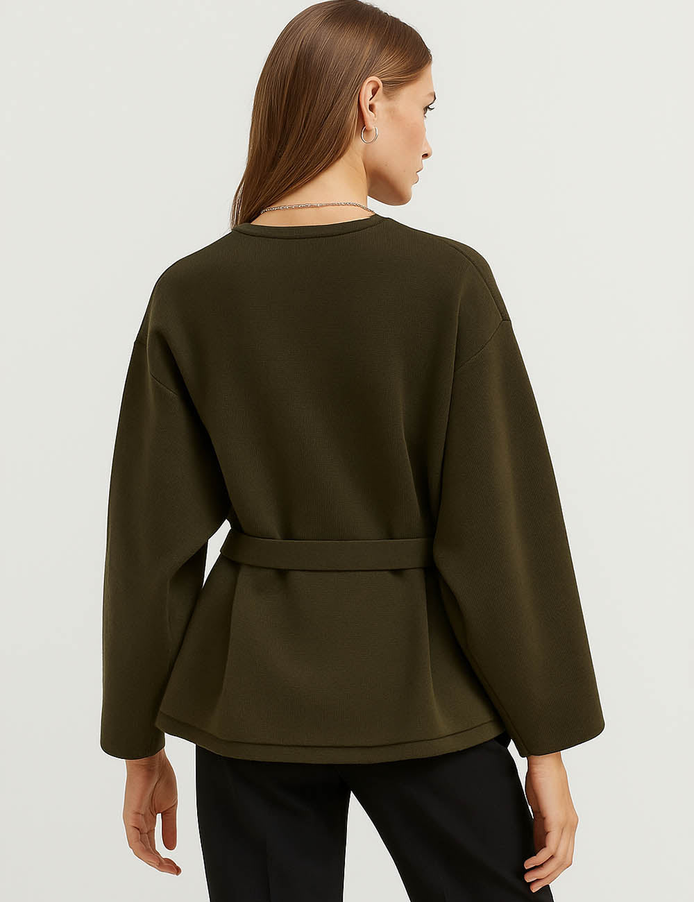 Ladies Round Neck Single Breasted Belted Crop Jacket