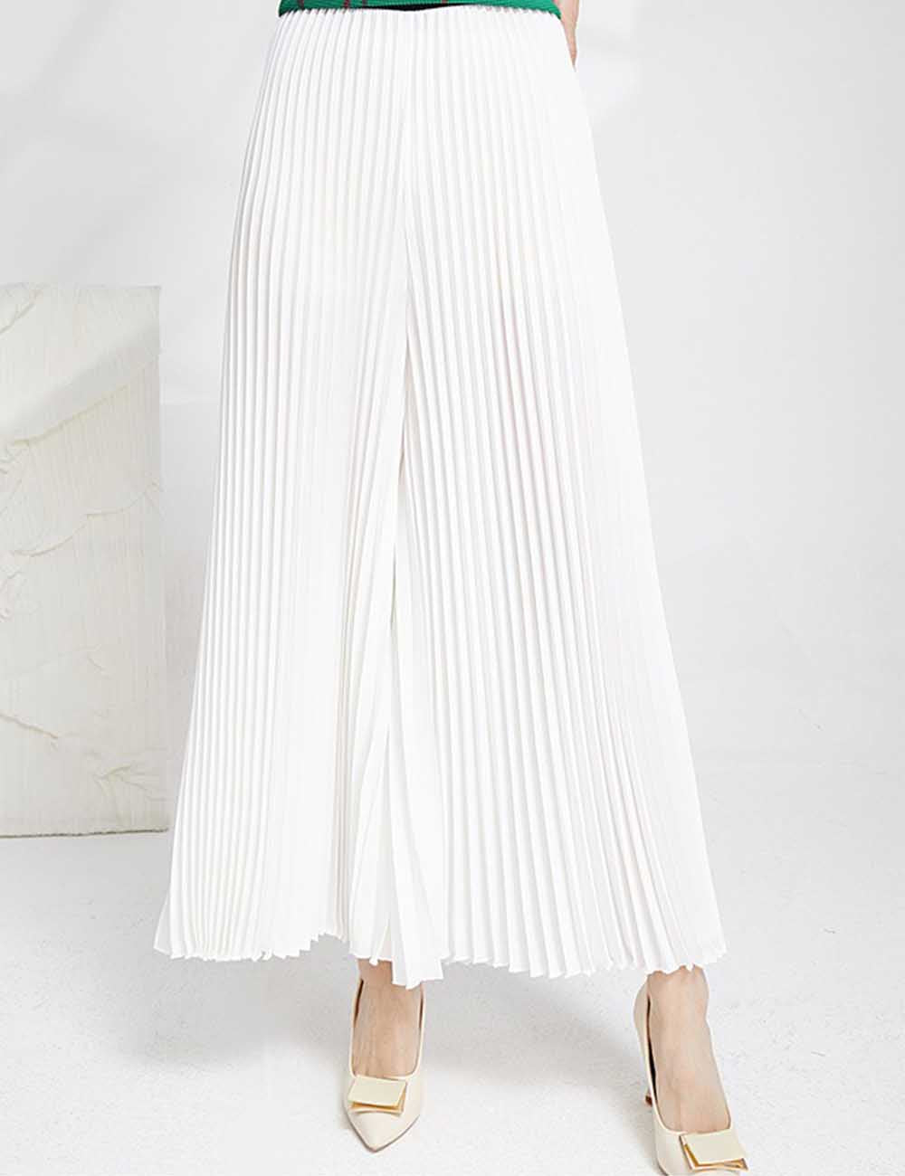 Ladies Solid Color Pleated Wide Leg Pants