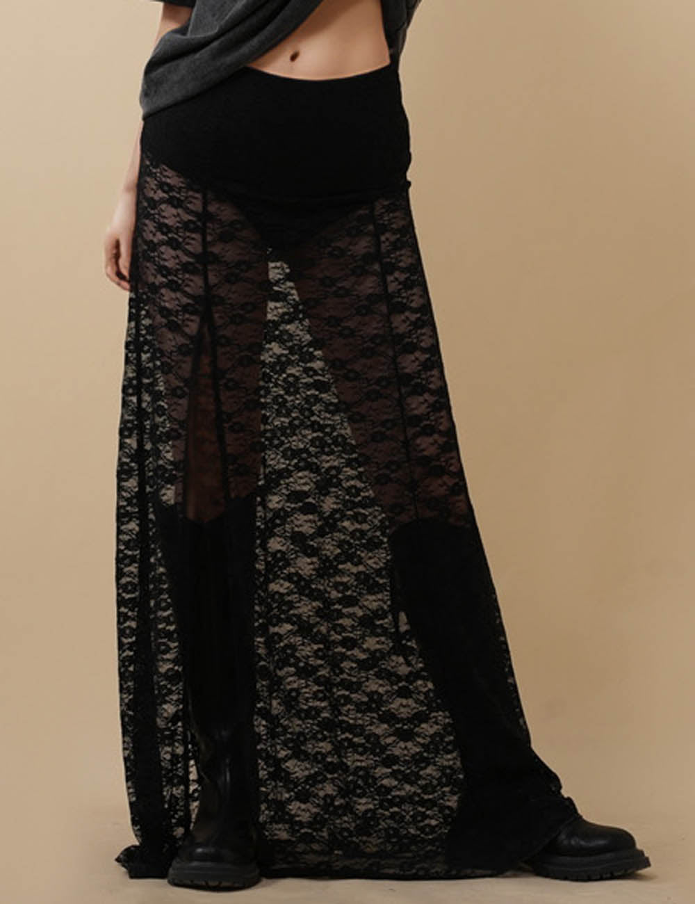Ladies Solid Color See Through Lace Maxi Skirt 8SKS51215