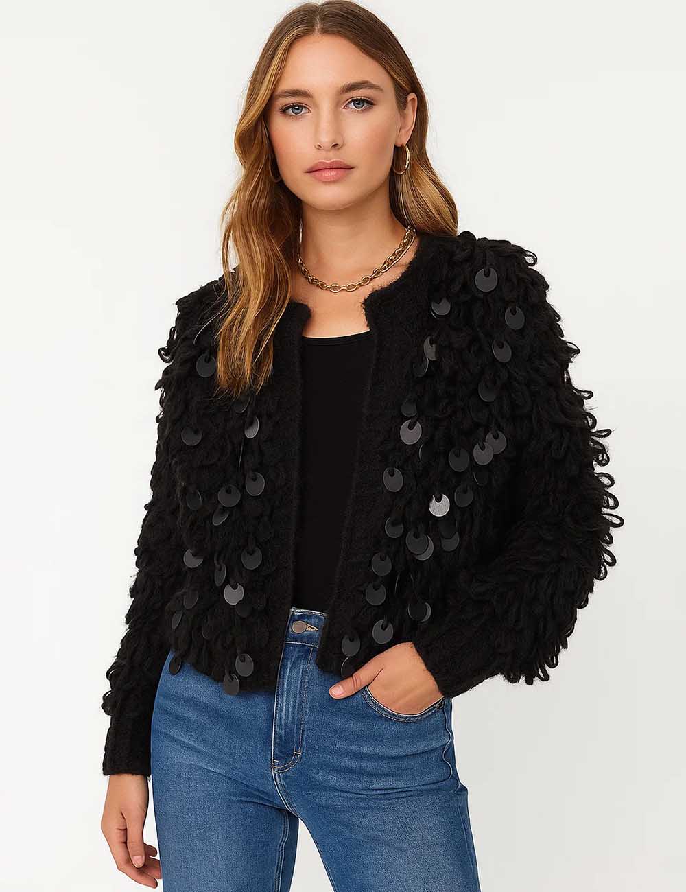 Ladies Crochet Sequin Front Open Faxu Mohair Fur Fluffy Cardigan