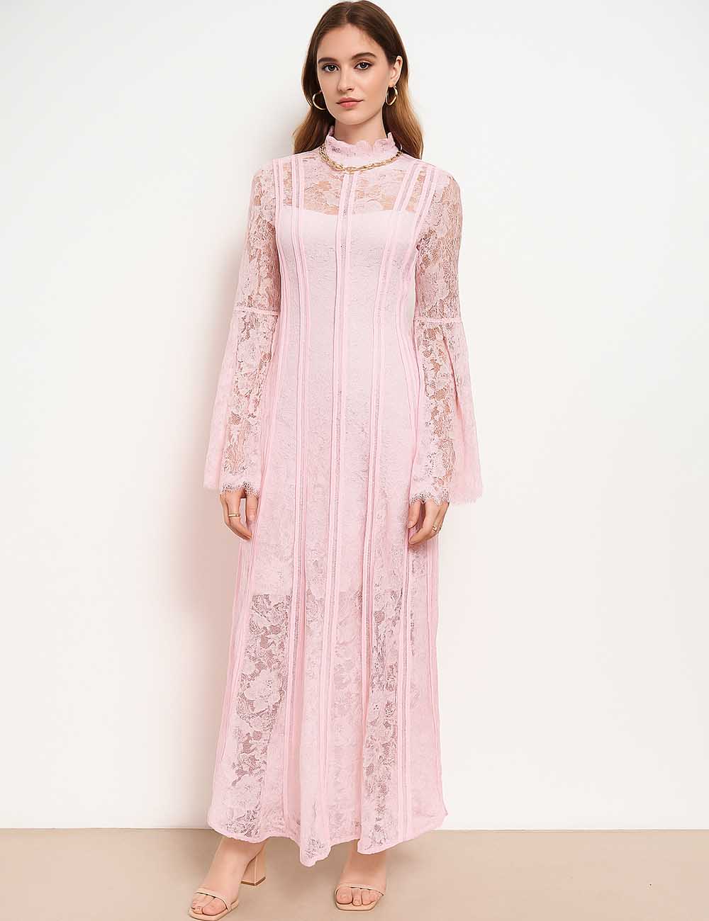 Ladies Floral Lace Stand Collar Bell Sleeves Maxi Dress