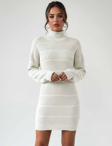 Ladies Ribbed Knit Mock Neck Hip Wrap Sweater Mini Dress