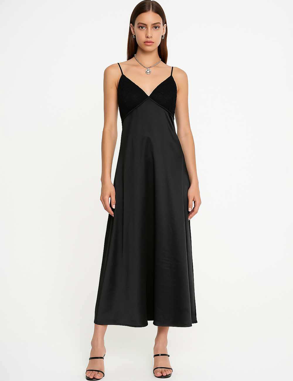 Ladies Stain V-Neck Lace Bust String Shoulder Maxi Dress