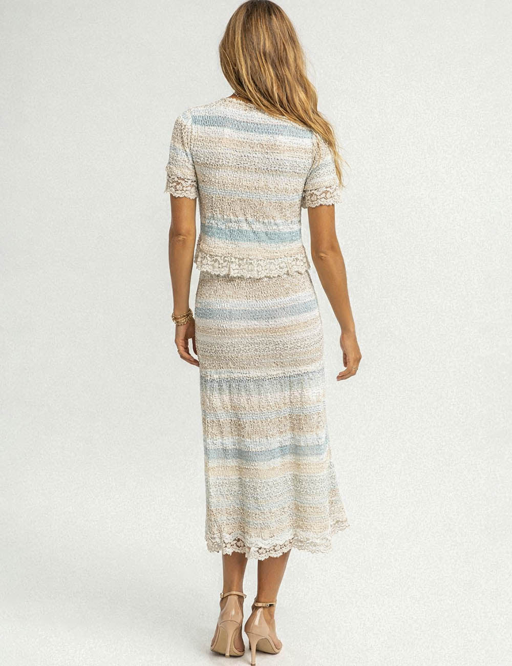 Ladies Lace Trim Striped Hollow Out Knit Top & Midi Skirt Set