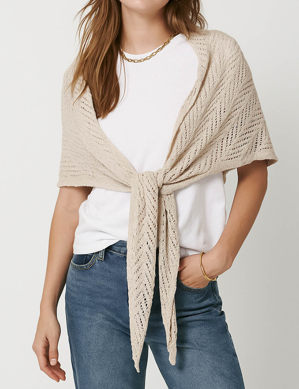 Ladies Solid Color Hollow Out Eyelet Knit Shawl
