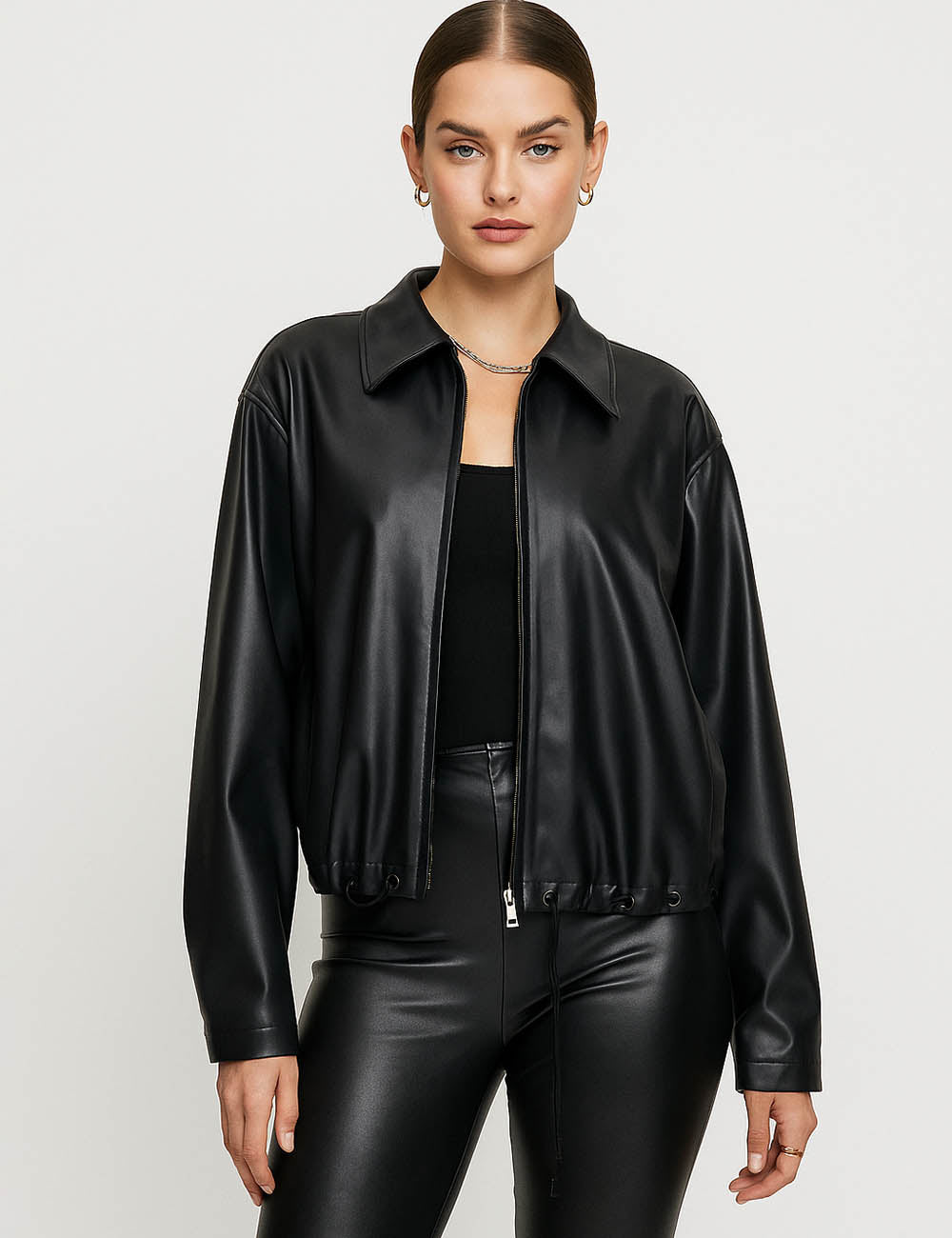 Ladies Shirt Collar Zipper Front Faux PU Leather Jacket