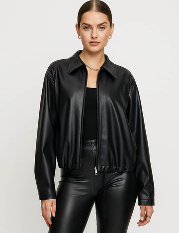 Ladies Shirt Collar Zipper Front Faux PU Leather Jacket