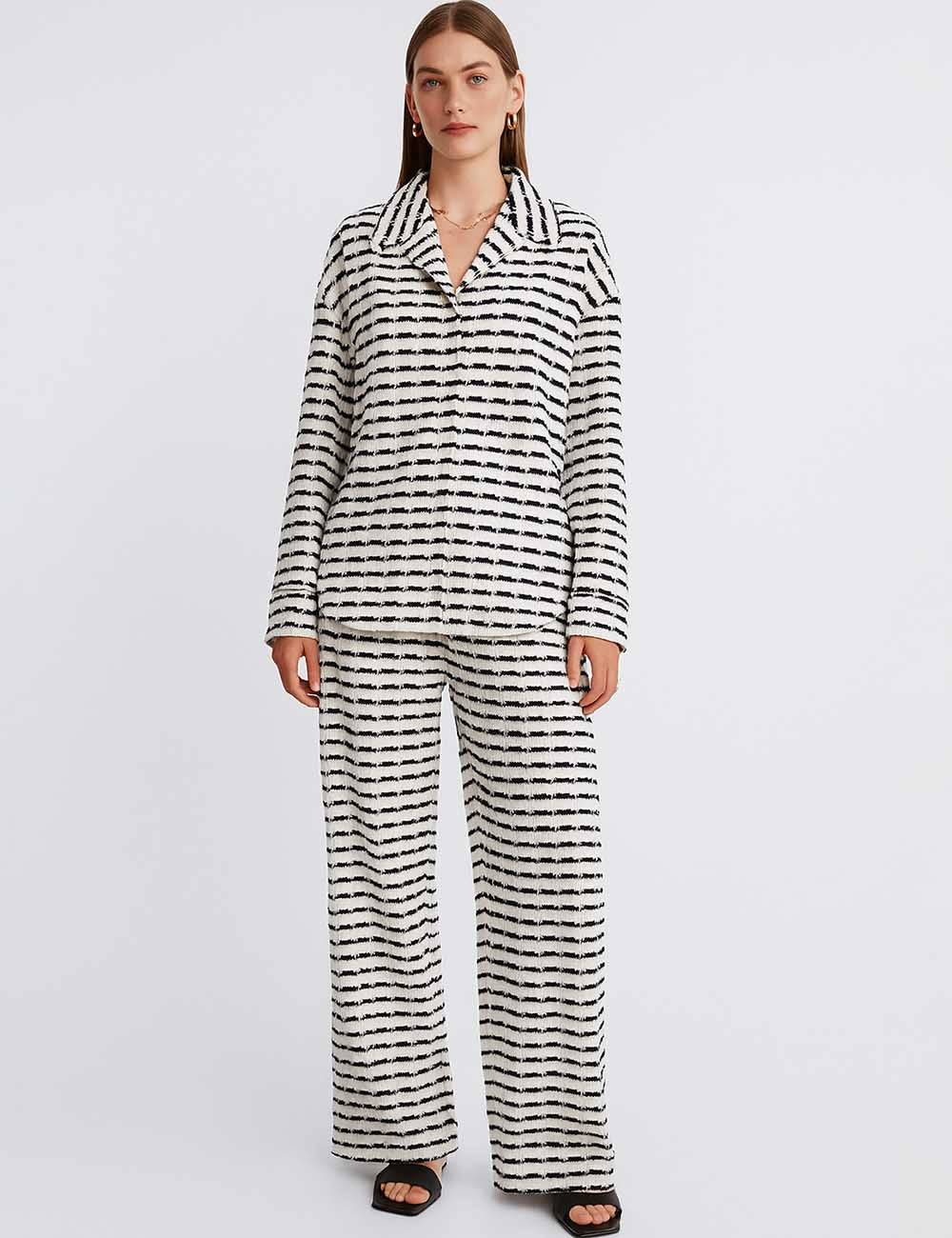 Ladies Striped Notched Collar Top Wide Leg Pants Set