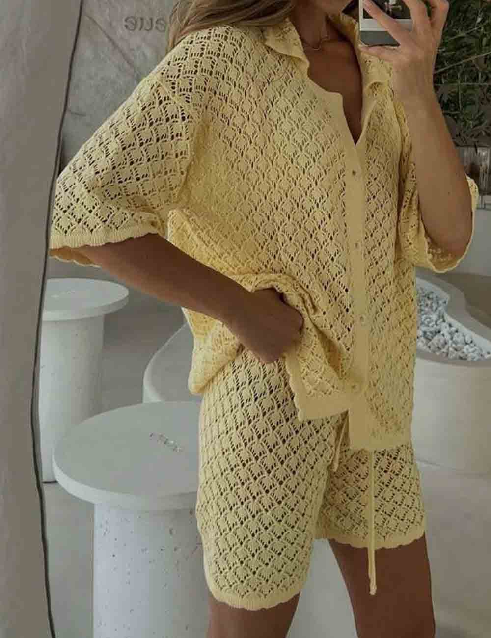 Ladies Eyelet Hollow Out Button Knit Top & Shorts 2PCS Set