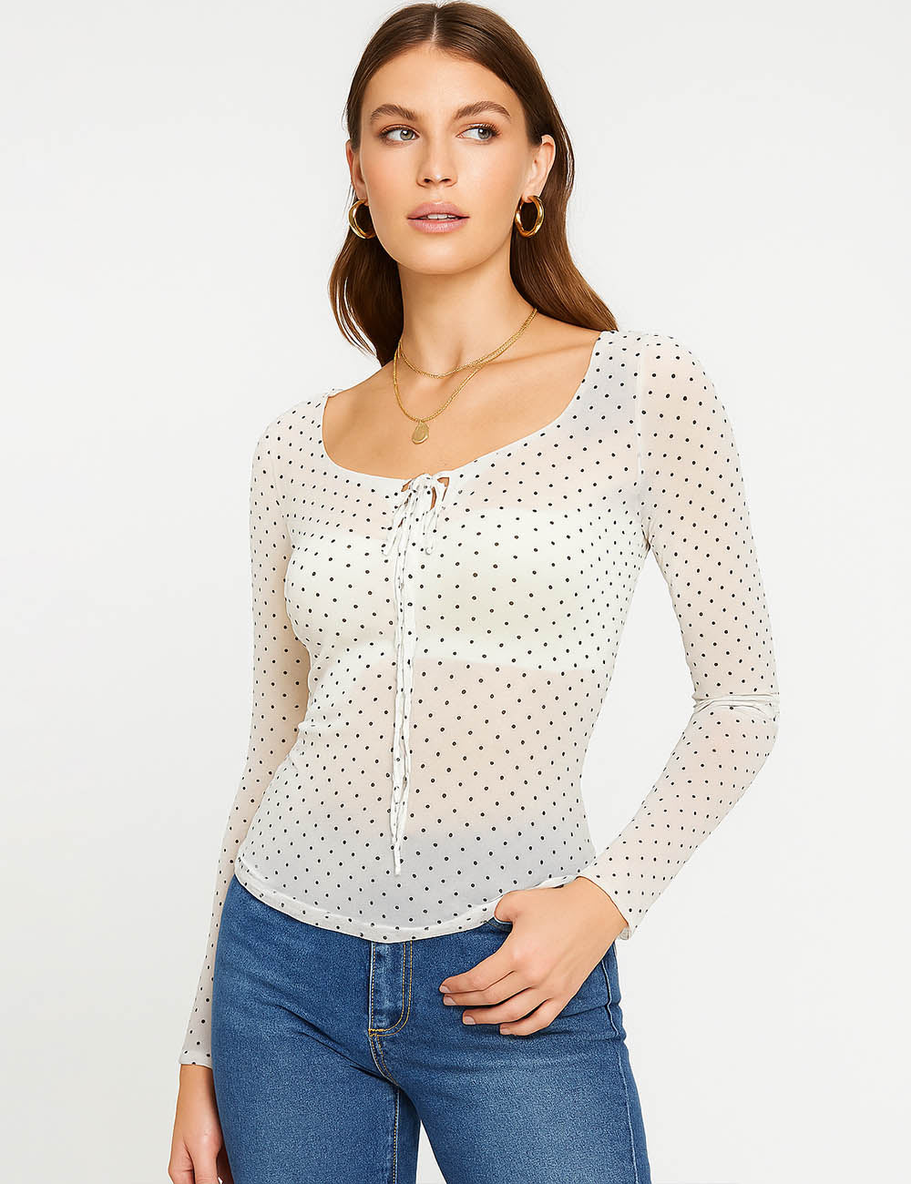 Ladies Polka Dot Layer See Sheer Long Sleeves Top