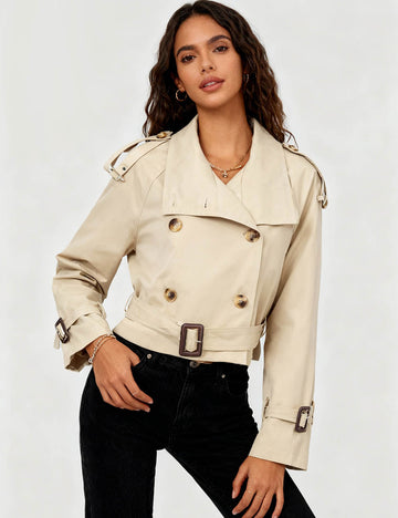 Ladies Double-Breasted Belted Cropped Trench Jacket