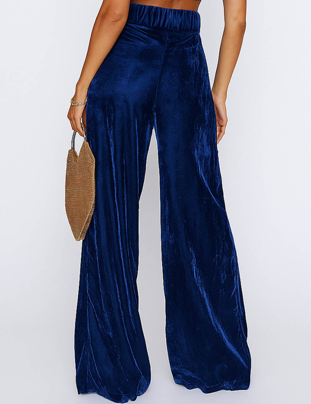 Ladies Glossy Velvet Zip Fly Pocket Wide Leg Pants